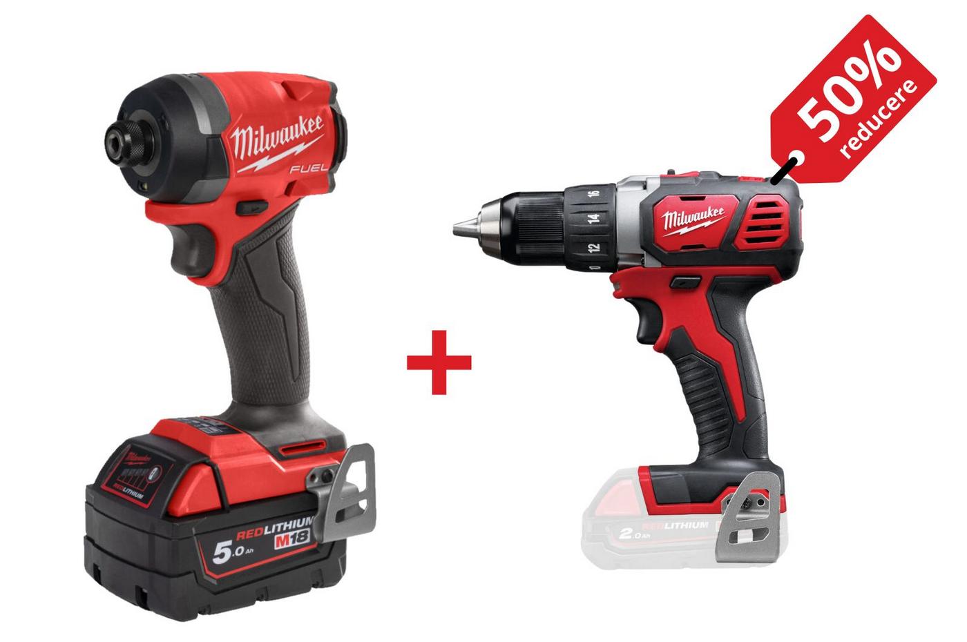 PROMO: Kit masina de insurubat cu impact Milwaukee M18, 226 Nm, 1/4 inch Hex + Masina de gaurit compacta M18, 50 Nm, mandrina 13mm, 4933479865-PROMO