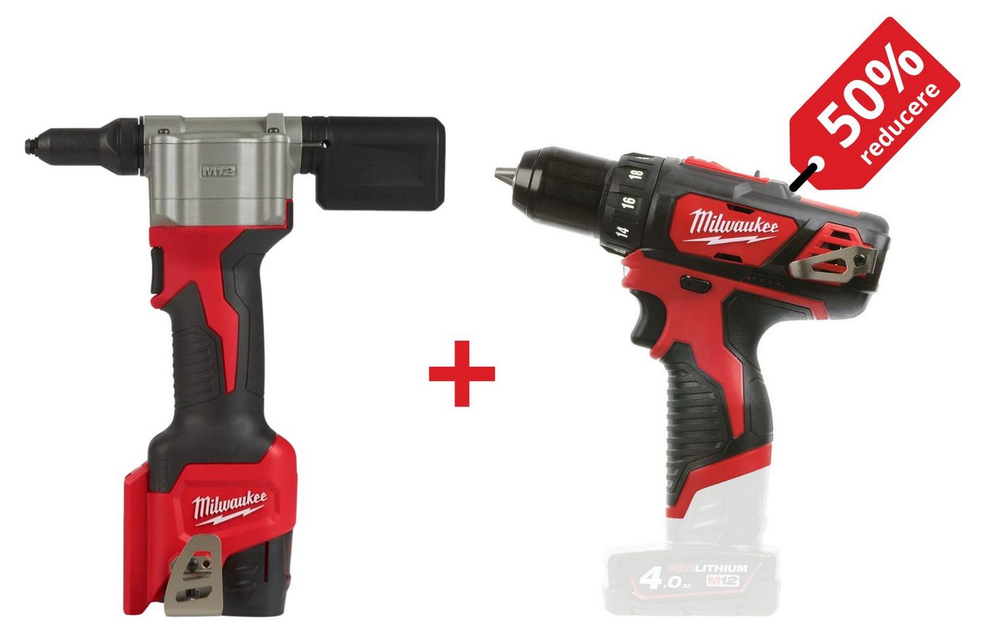 PROMO: Kit pistol de nituit Milwaukee M12, 9000N, 2.4-4.8mm, acumulator M12 B2 + Masina de gaurit subcompacta M12, 30Nm, 4933464405-PROMO