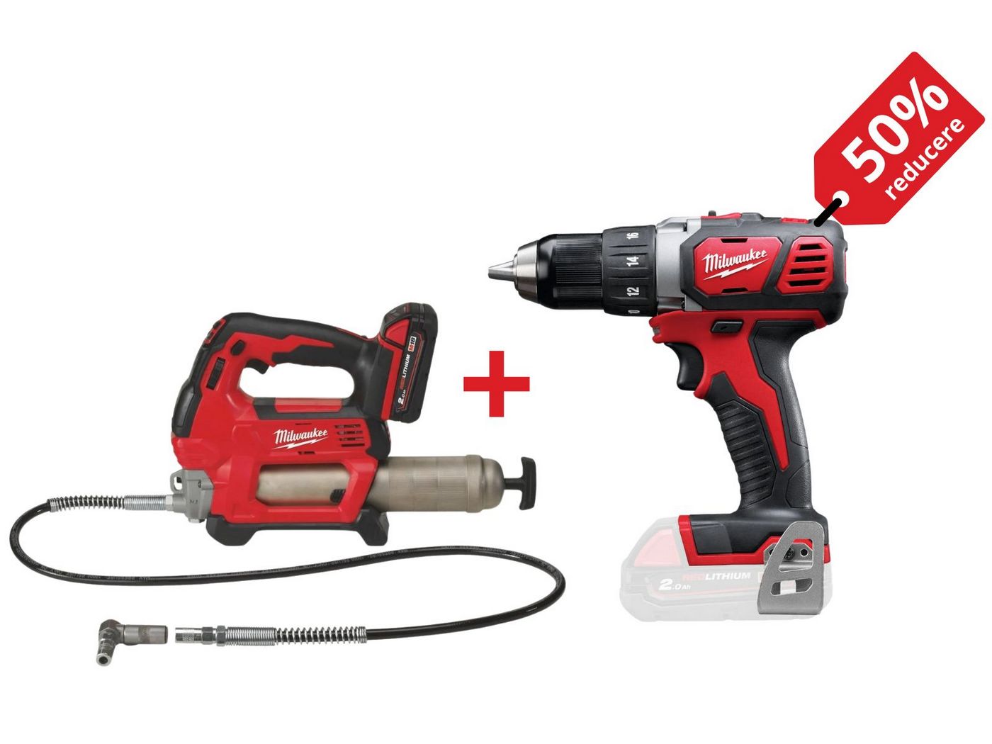 PROMO: Kit pistol pentru gresare Milwaukee, M18, motor 18V, presiune 690 bari + Masina de gaurit compacta M18, 50 Nm, mandrina 13mm, 4933440490-PROMO