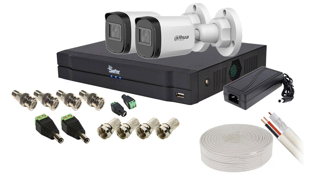 Kit supraveghere video 2 camere, FULL HD, IR 30m, DVR cu AI si accesorii