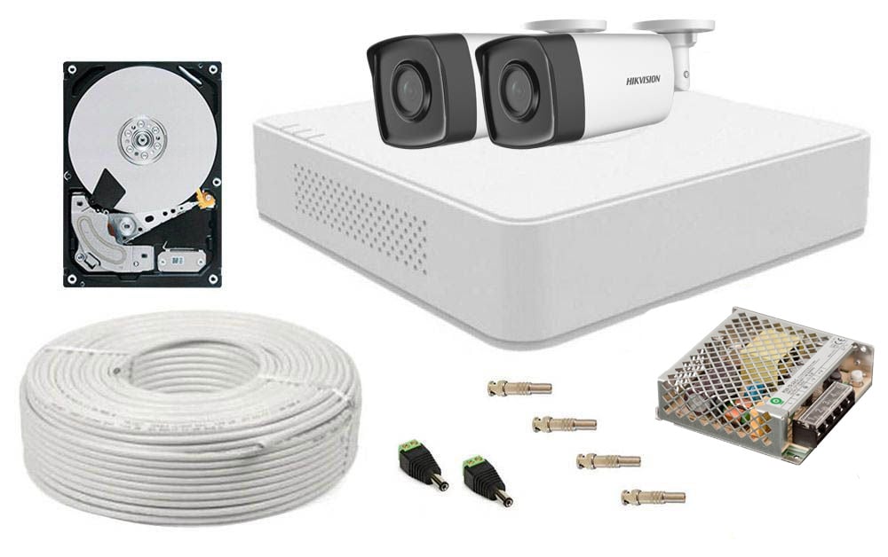 Kit supraveghere video, DVR Full HD, cu 2 camere tip bullet, smart IR 40m, Hikvision SAF-2XFHDIR40ACC-1TB