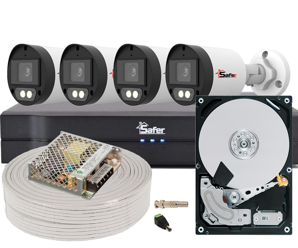 Kit supraveghere video complet cu 4 camere exterior 5MP, LED alb 40m, accesorii si HDD 2TB, SAF-4E52-2TB