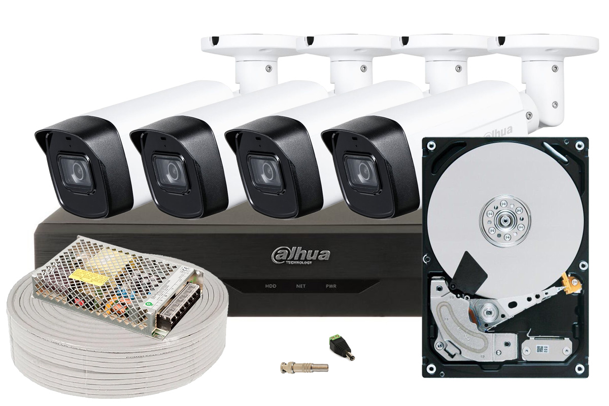 Kit de supraveghere complet 4 camere de 5MP IR 80m, 1x HDD, Dahua SAF-4X5MP80-2TB