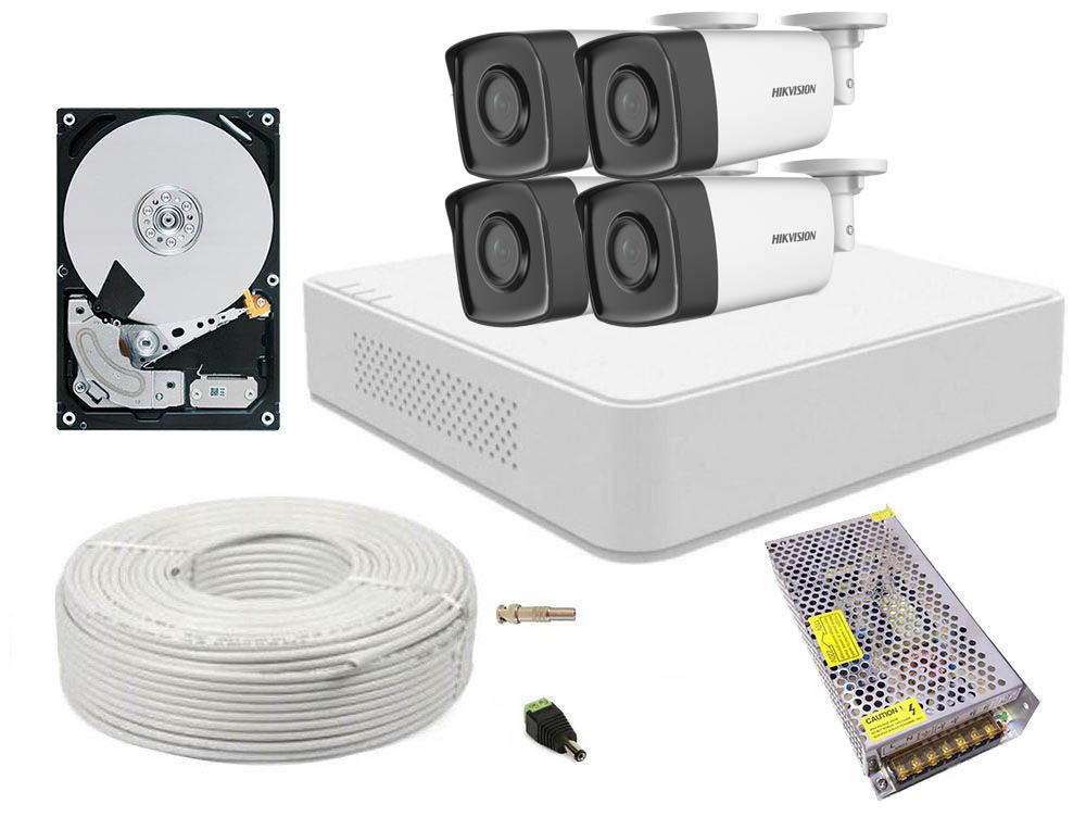 Kit supraveghere video Full HD complet, DVR cu 4 camere bullet, smart IR 40m, Hikvision, SAF-4XFHDIR40ACC-1TBW