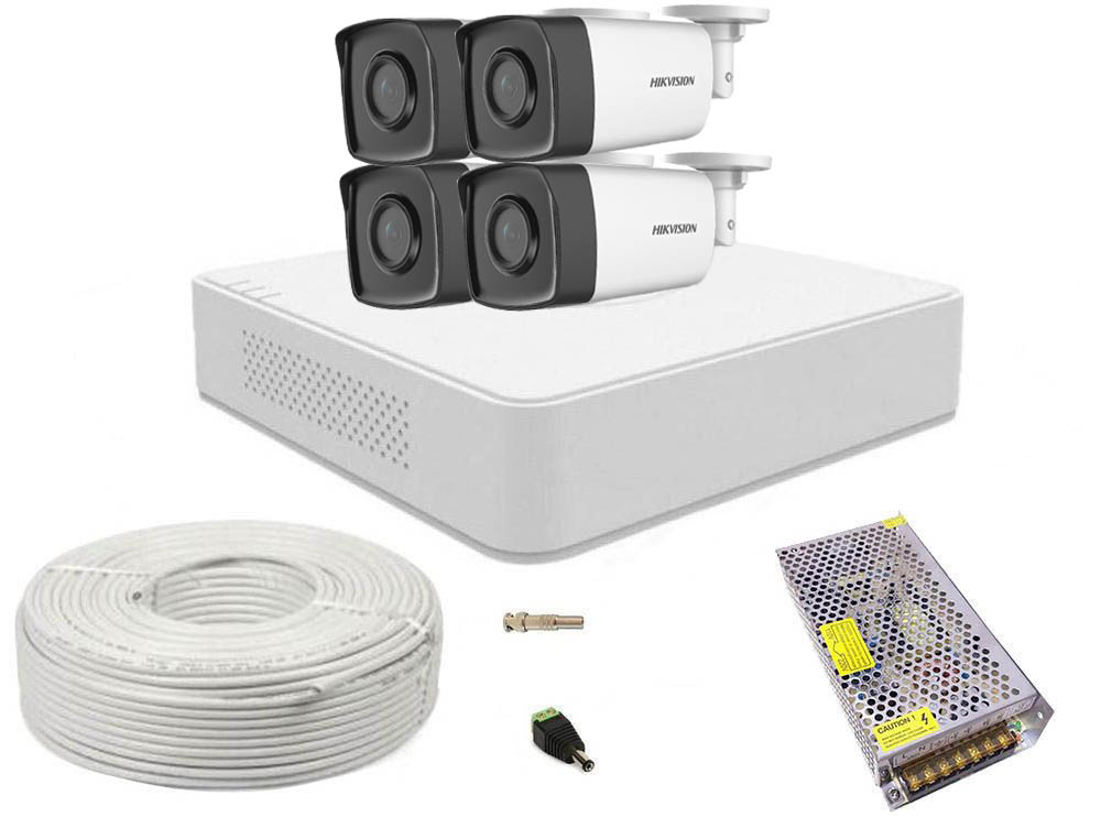 Kit supraveghere video, DVR cu 4 camere bullet, smart IR 40m, Hikvision, SAF-4XFHDIR40ACC