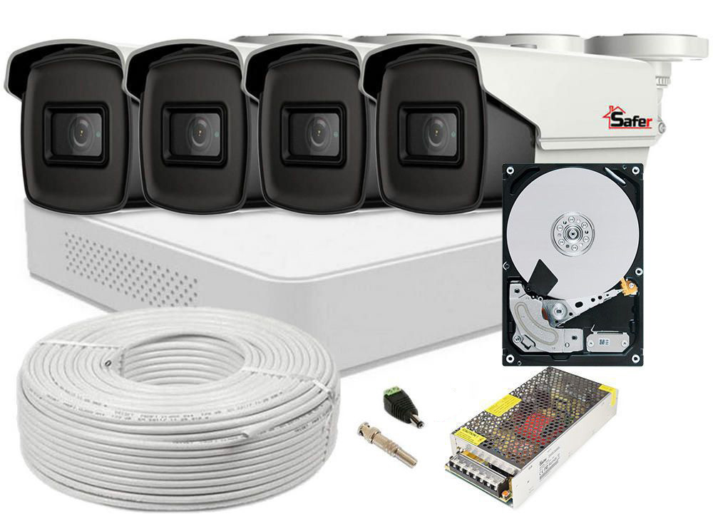 Kit complet de supraveghere video Safer, 2 MP Full HD, 4 camere, IR 80m, DVR 4 canale, HDD 1 TB, SAF-4XFHDIR40ACHQ-1TB