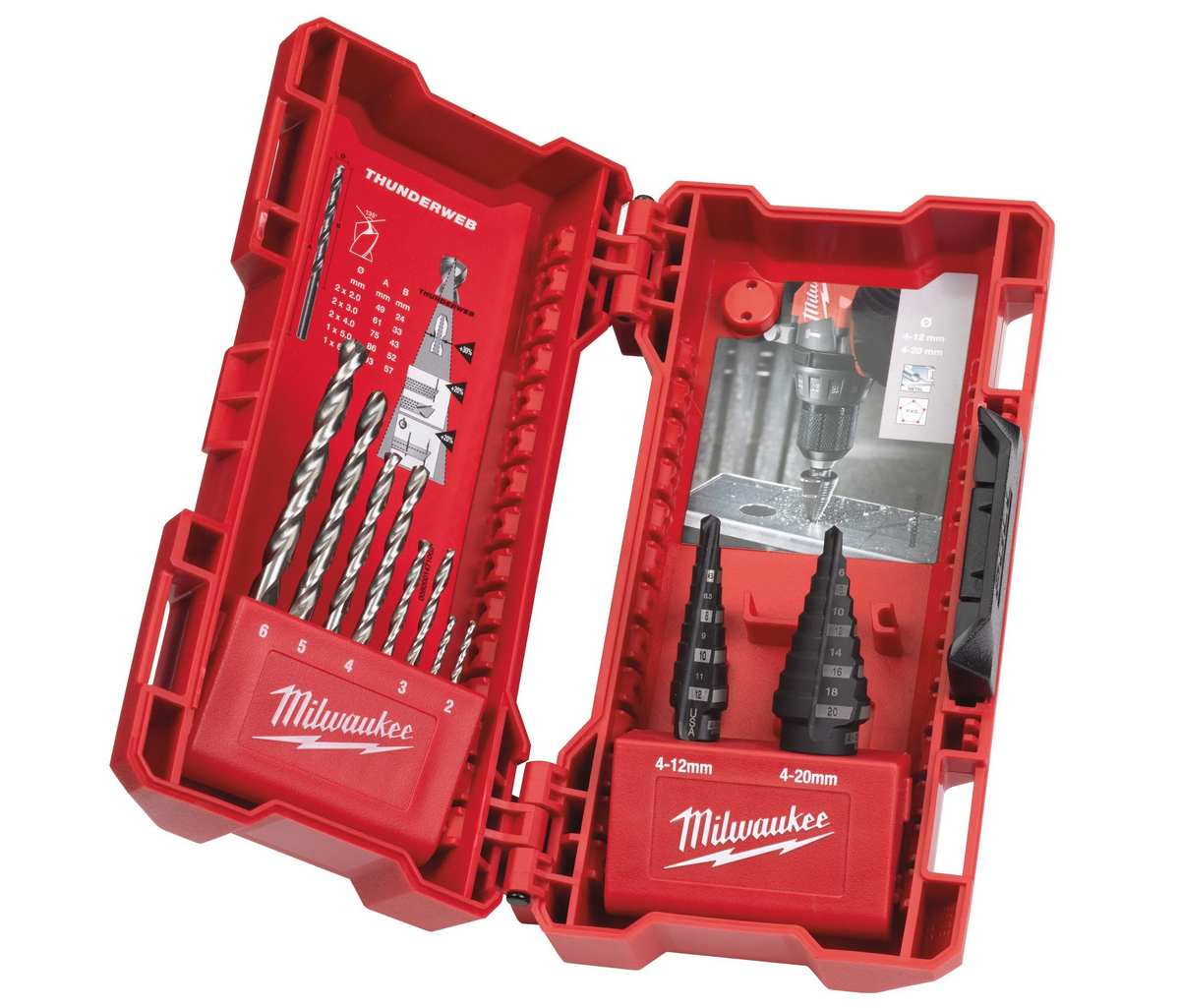 Set burghie Milwaukee, 2 in trepte, 8 de metal, 10 piese, pentru metal, plastic si otel inoxidabil, 48899350