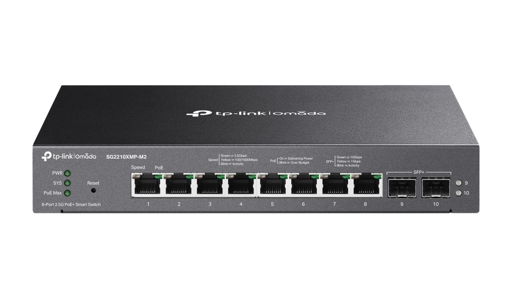 Switch Omada Tp-Link, 8 x porturi 2.5G PoE+, 2 x SFP+ 10G, 160W, Fanless, L2+ Smart Managed, SG2210XMP-M2