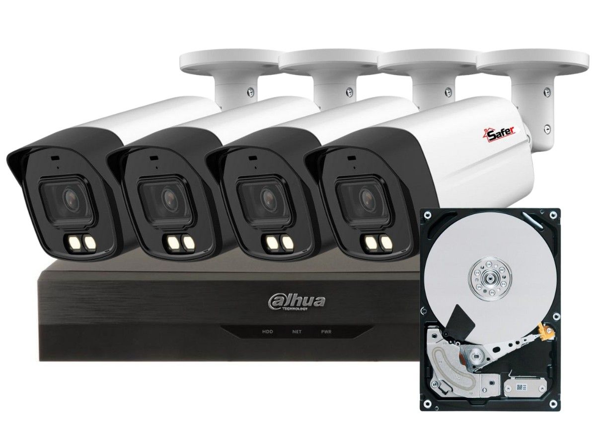 Sistem de supraveghere 4 camere exterior, 2.8mm, LED Alb 40m, DVR 4 canale, HDD 2TB Dahua KITSAF-4X-8MP28I20-HDD 