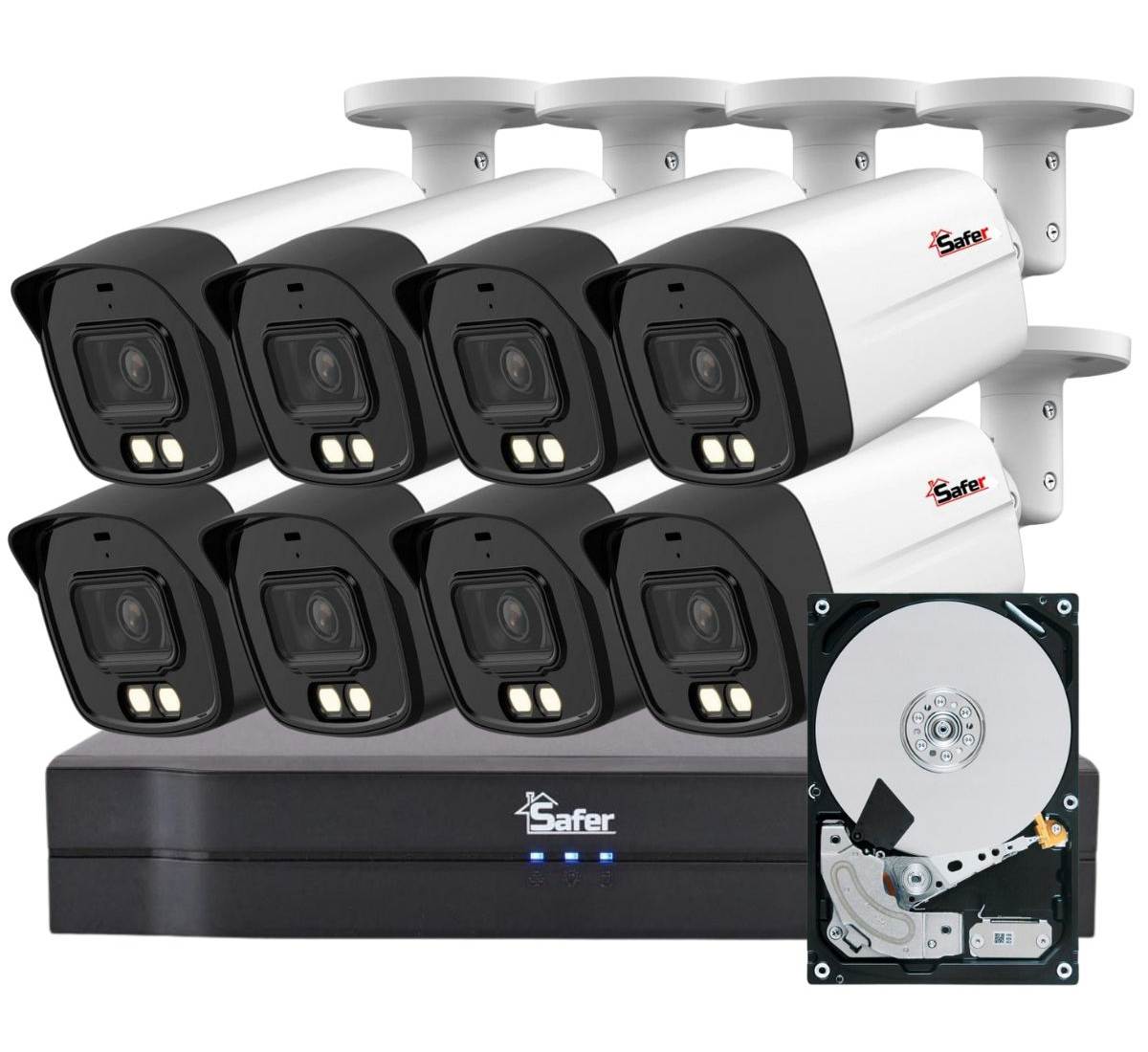 Sistem de supraveghere video 8 camere de exterior 4K, LED Alb 40m, DVR 8 canale Safer, HDD 2TB KITSAF-8X-8MP28I20-HDD