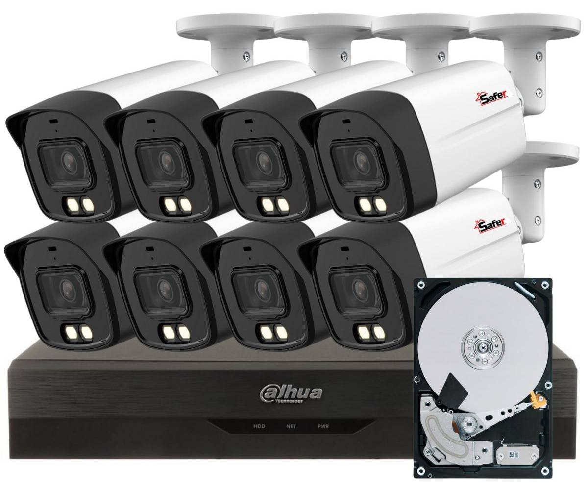 Sistem de supraveghere video 8 camere de exterior 8MP, LED Alb 40m, DVR 8 canale Dahua, HDD 16TB KITSAF-8X-8MP28I20-HDD