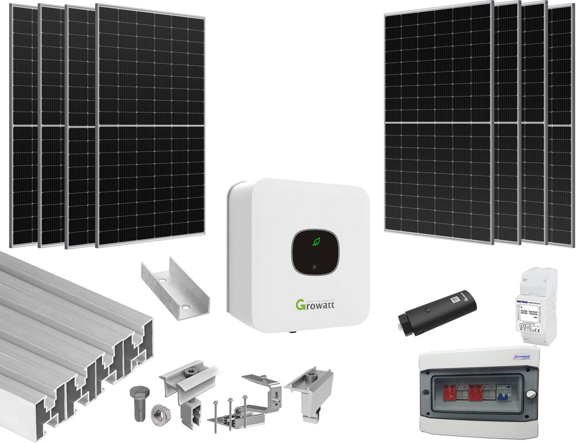 Sistem Fotovoltaic complet, 3KW, Monofazat, ON GRID, LONGI 380W, Growatt, Smart meter, Wi-Fi, accesorii prindere, KIT3KW-MONO-GR380