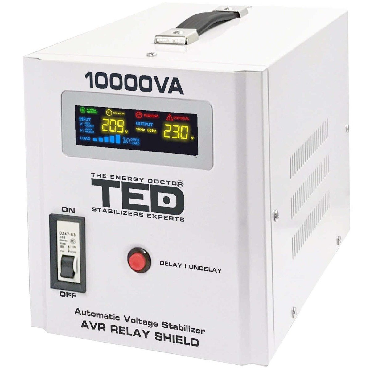 Stabilizator tensiune 10KVA 6000W 230V, TED Electric TED000071, 2 prize Schuko, monofazat, unda sinusoidala pura, ecran LCD