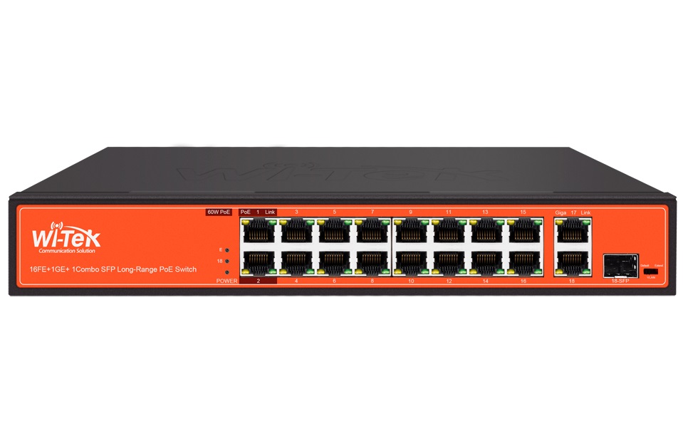 Switch PoE 16 porturi, 1 port SFP, 200W, AI Power, PoE+, SW1916HIPOE-F-300