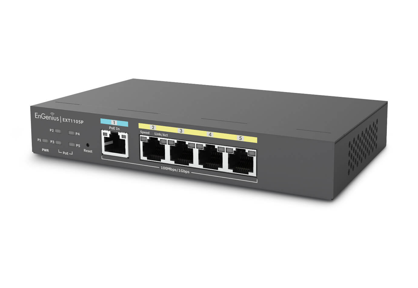 Switch Extender 5 porturi (4+1) EnGenius EXT1105P, 4x PoE+ Gigabit , 1x GE PD, buget PoE 60W, VLAN, QoS, cu management