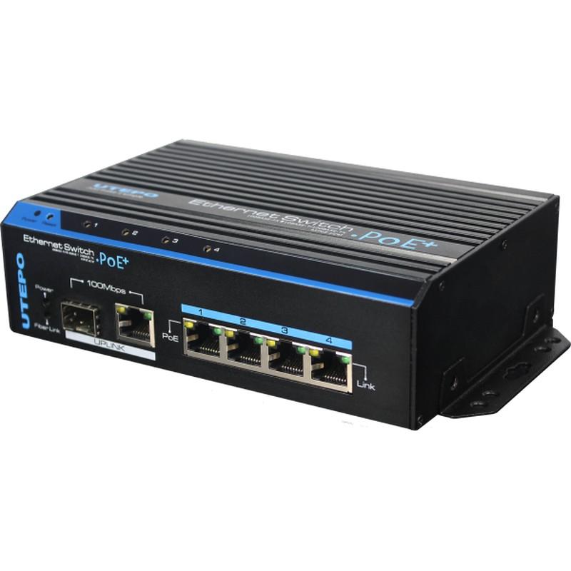 Switch industrial 6 porturi, 4 PoE, 60W, 1 port SFP 100Mbps, 1 port protectie 6KV, montaj DIN, Utepo UTP7204E-POE-A1