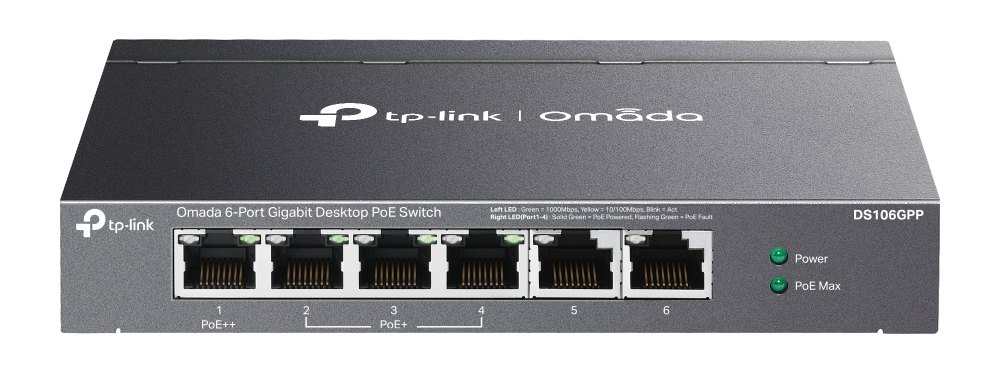 Switch PoE 6 porturi Gigabit, TP-Link Omada DS106GPP, 3x PoE+, 1x PoE++, 2x Gigabit RJ45, pana la 64W, fara management