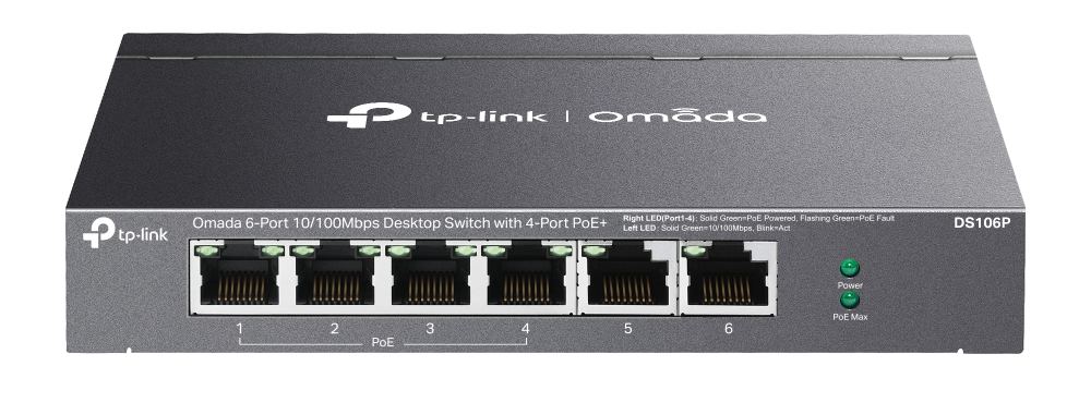 Switch PoE 6 porturi Gigabit, TP-Link Omada DS106P, 4 porturi PoE+, pana la 67W, montaj desktop, fara management