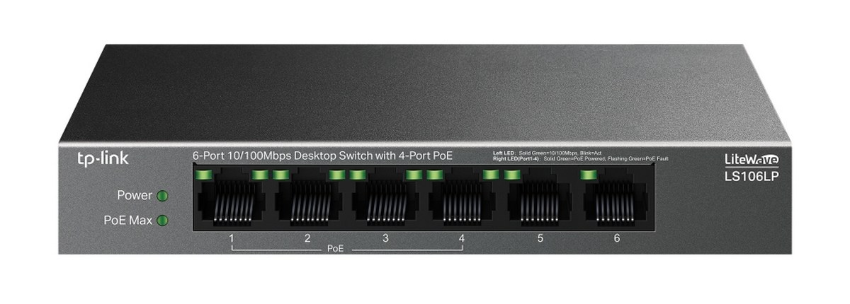 Switch PoE 6 Porturi Tp-Link LS106LP, 4x PoE+, 2x 10/100Mbps, max 41W, cu Extindere si Auto-Recovery, fara management