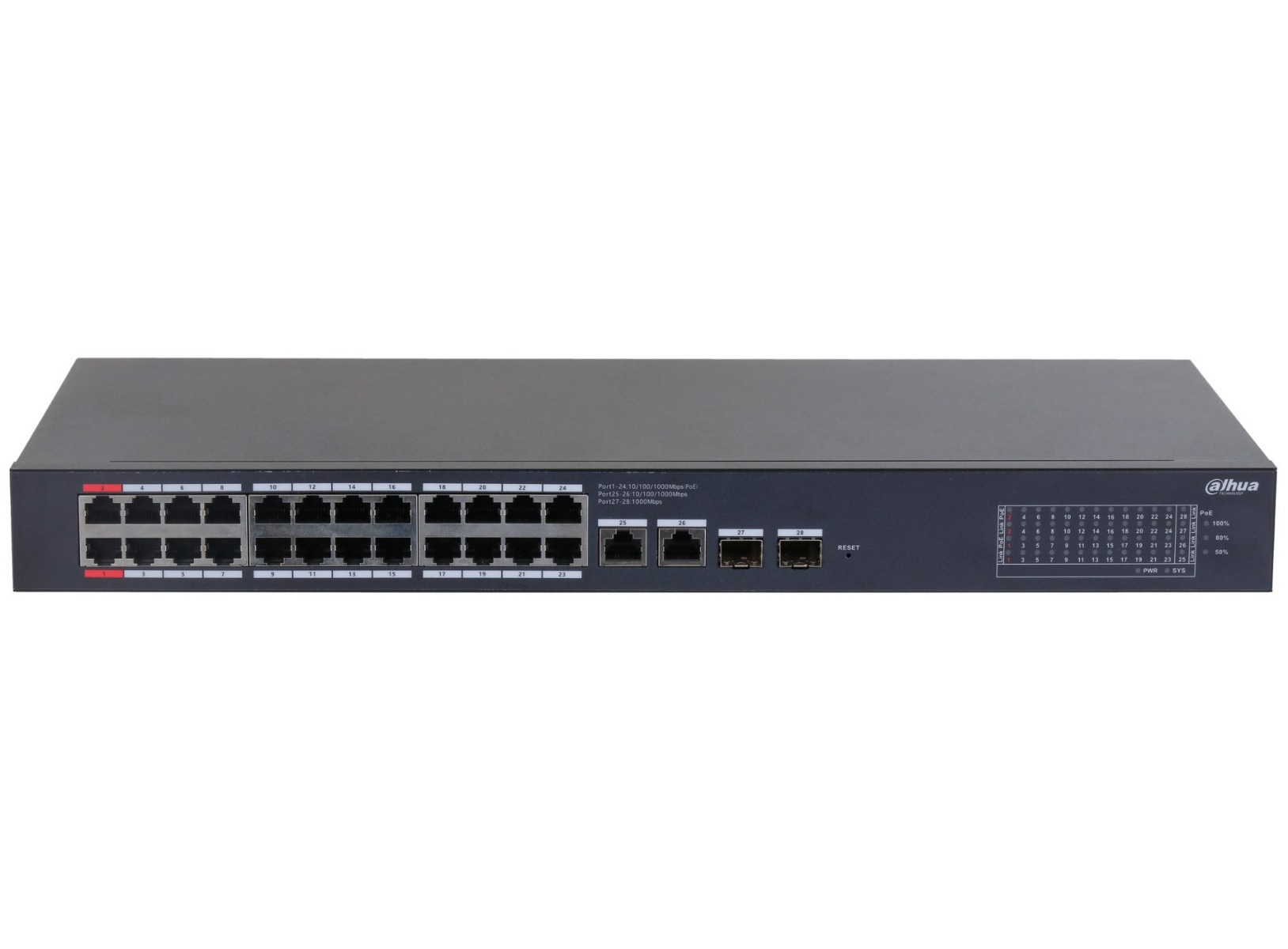 Switch 28 porturi, gigabit, 24 porturi PoE 240 W, 2 SFP, managed, Dahua, CS4228-24GT-240