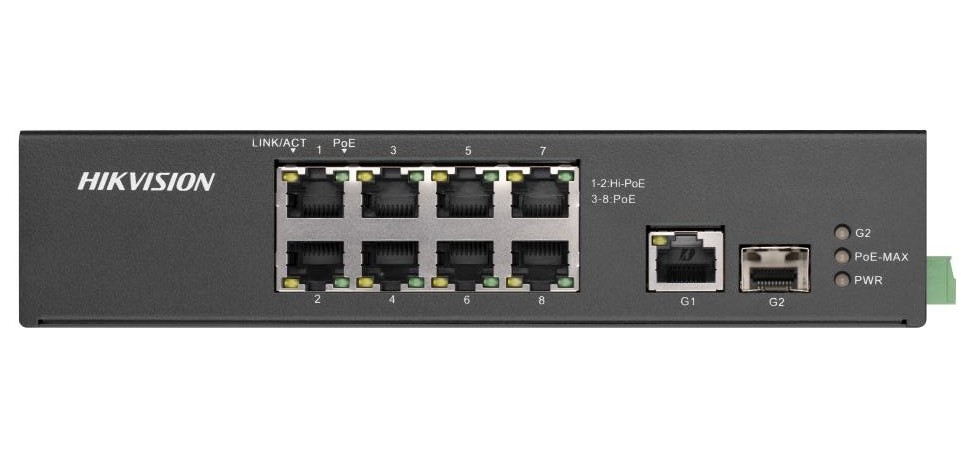 Switch 8 porturi PoE Hikvision DS-3T0310HP-E/HS, fara management, putere PoE 110W, 2x Hi-PoE, 90W, 6KV