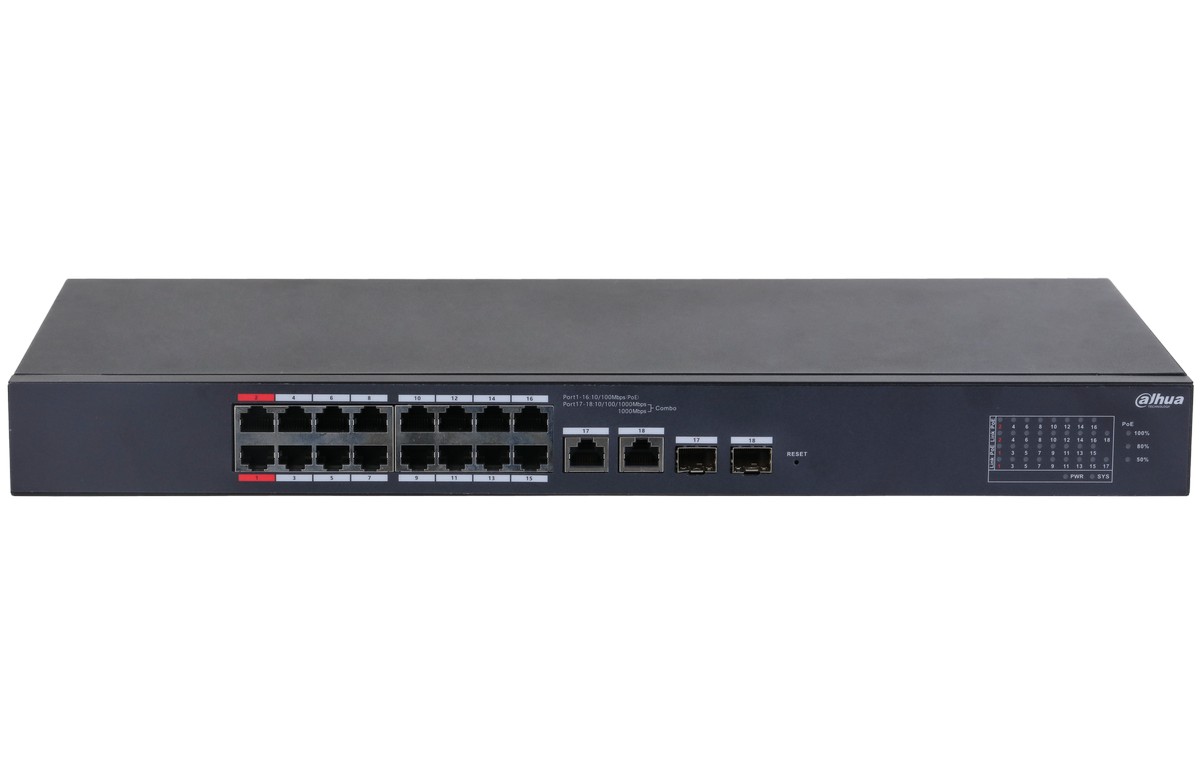 Switch PoE Dahua cu management, 18x porturi si 16x porturi PoE, Distanta 250m, CS4218-16ET-240