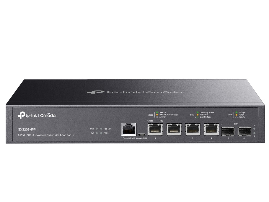 Switch PoE, Tp-Link SX3206HPP, 7 porturi, 4x 10G PoE++, 2x 10G SFP+, 1x RJ45 consola, 200W, cu management, montare in rack