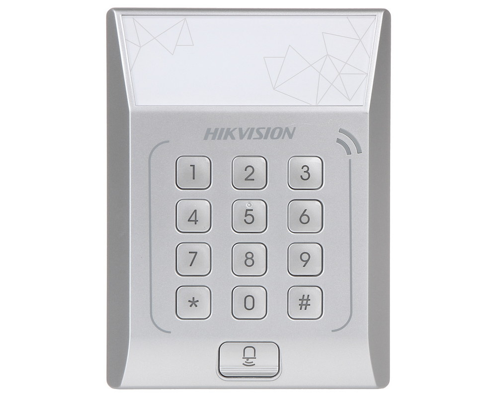 Terminal de control acces standalone cu Tastatura, PIN + card Mifare 13.56 Mhz, Hikvision DS-K1T801M, 3000 utilizatori, Memorie, Led, Beep