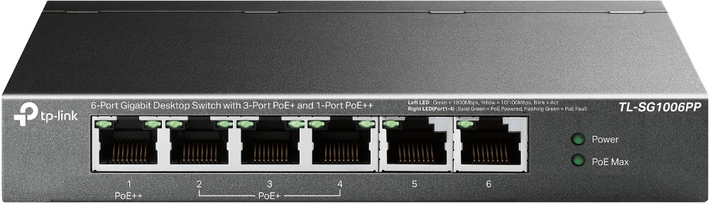 Switch TP-Link TL-SG1006PP, 6 Porturi Gigabit 3 PoE+ si 1 PoE++, 67W, Desktop, Metalic, Plug & Play